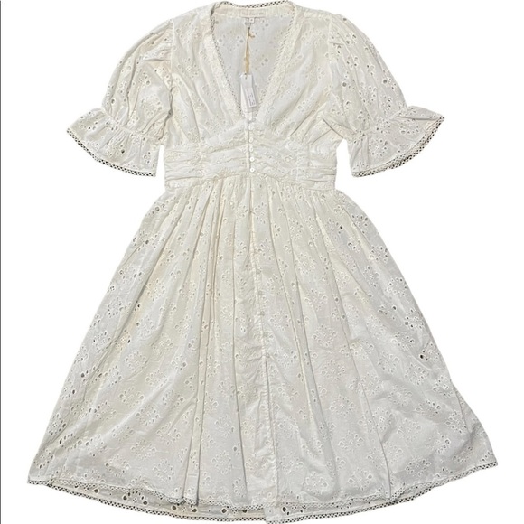 House of Harlow 1960 White eyelet button front puff sleeve midi dress - Picture 2 of 12